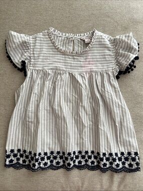 Nanette Lepore White and Navy Striped Flutter Sleeve Blouse with Navy Trim